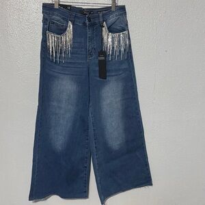 Lucky & Blessed High Rise Crystal Tassel Flare Wide Leg Crop Denim Jeans Size 12